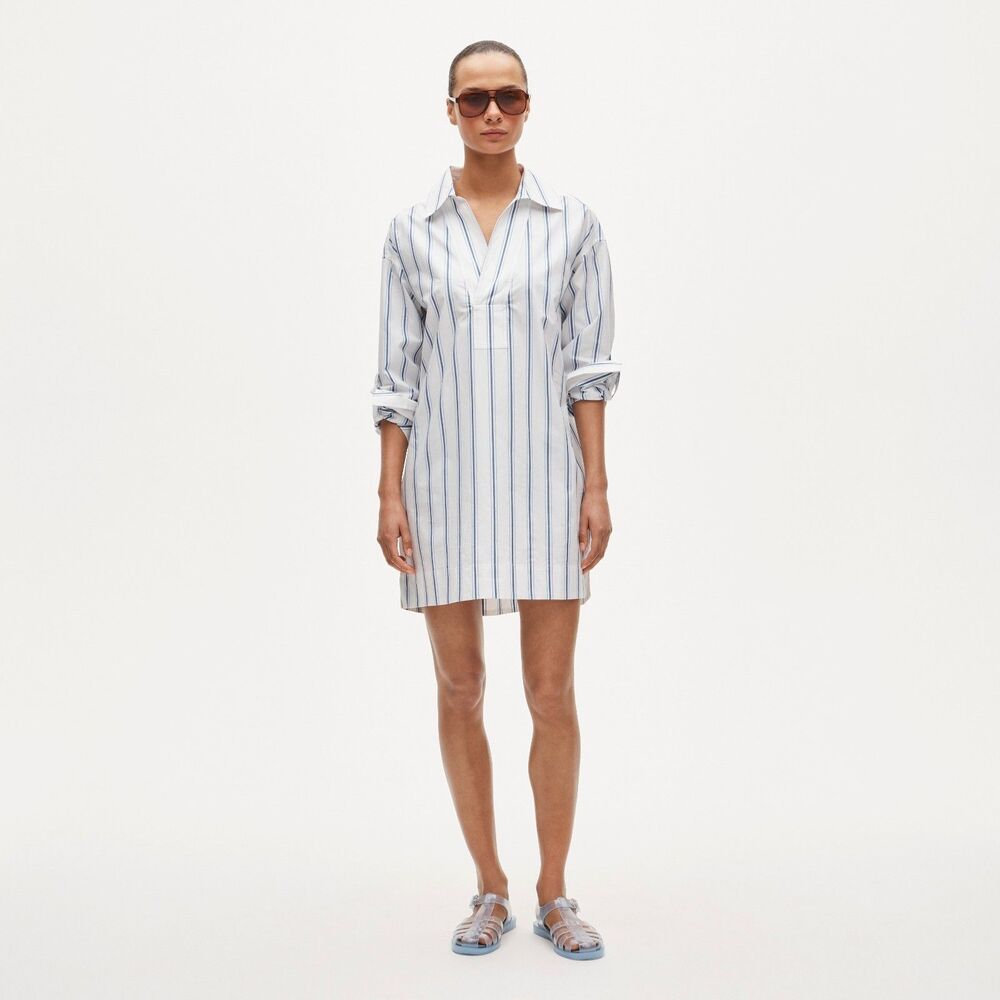 J.CREW V-Neck Popover Dress in Striped Cotton Poplin M Navy Ocean Pockets NWT A4